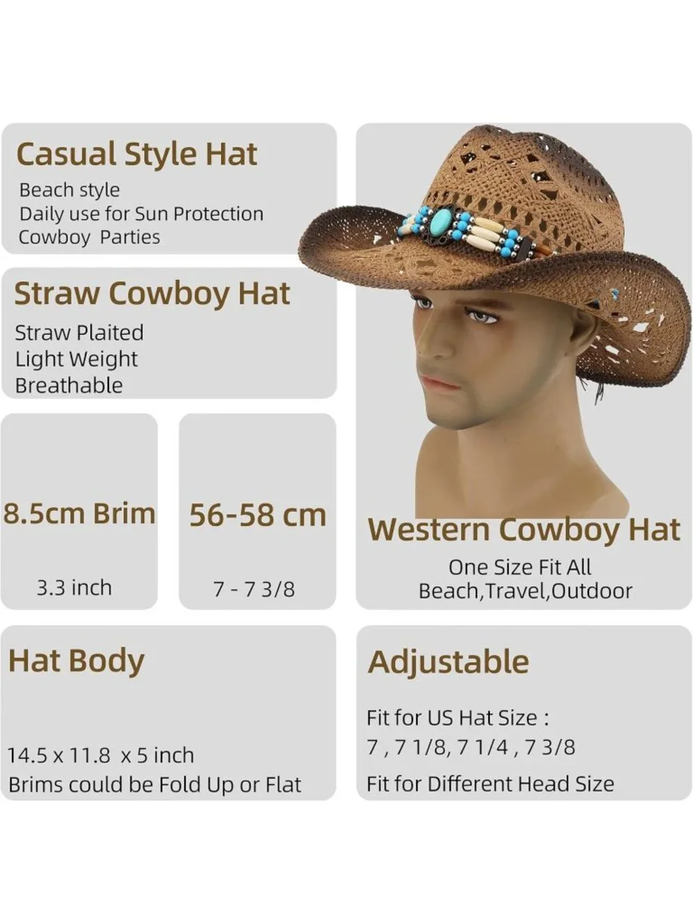 Men's Khaki-m20 Straw Adjustable Wide Brim Sun Beach Western Cowgirl Cowboy Hat